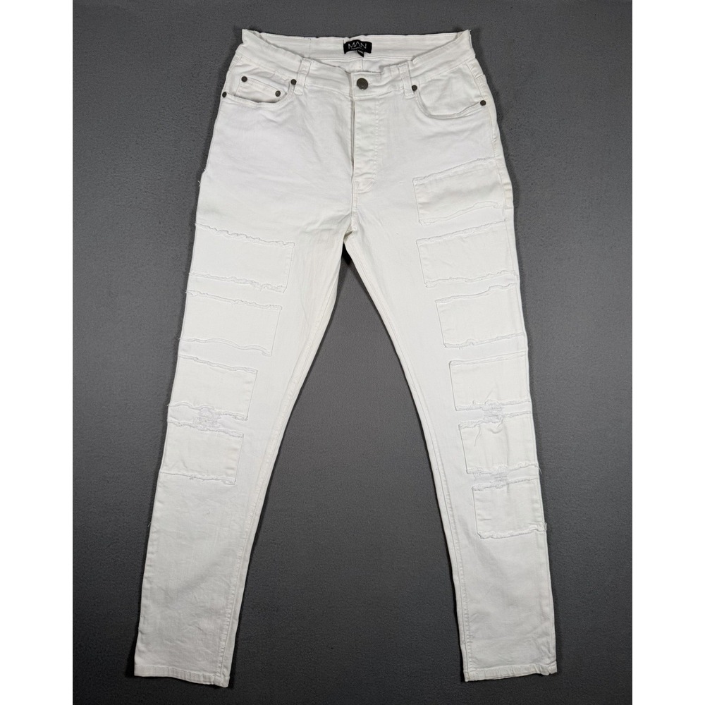 BoohooMAN White Distressed Patchwork Skinny Jeans Mens 28x32 (Tag 34R)